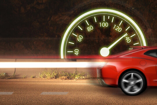 Auto rojo a máxima Velocidad con alto rendimiento espectro de luces del Faro HD