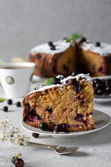 Homemade pie with black currant and cut piece on light gray background
