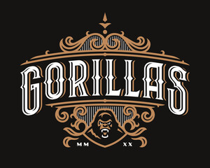Monkey vintage  luxury emblem, label , badge for your logo or crest. Gorilla head modern vector illustration with baroque ornaments.