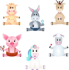 Children Soft Toys Vector. Cow,pig,goat,donkey,sheep,unicorn. Isolated Flat Cartoon Illustration