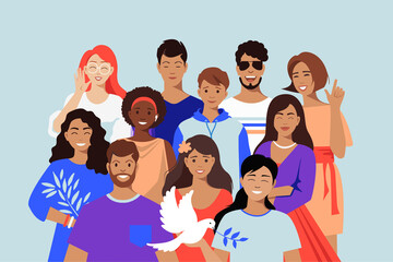 Youth day. Multicultural team, friends. The dove is a symbol of peace. Unity in diversity. People of different nationalities. multinational society.