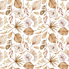 Bohemian blush beige watercolor floral seamless pattern on white background for fabric, scrapbook paper, textile, sublimation, print, wrapping paper. Floral wreath, bouquets and arrangements.