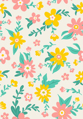 Fototapeta na wymiar Spring floral seamless repeat pattern. Random placed, vector flowers with leaves all over print.