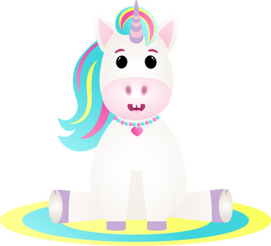 Vector flat illustration. Cartoon animal. A nice little unicorn is sitting