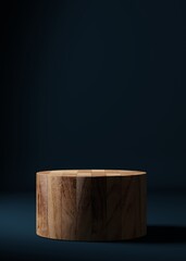 Wood podium or pedestal display on dark blue background with round platform. Blank product standing backdrop. 3D rendering.