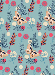 Seamless floral pattern with butterflies and plants on the blue backgroun