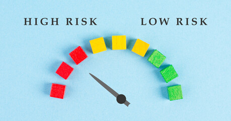 Tachometer high and low risk, pointer is showing to the red risky scale, financial credit and...