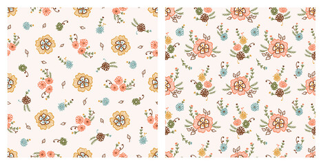 Vector Set of Floral Seamless Patterns. Bouquet of Daisies. Vintage Outline Flowers. Ditsy print. 