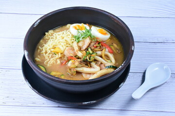 Japanese ramen, miro-based soup, sirloin steak, vegetables, pasta, and egg