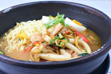 Japanese ramen, miro-based soup, sirloin steak, vegetables, pasta, and egg