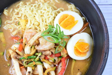 Japanese ramen, miro-based soup, sirloin steak, vegetables, pasta, and egg