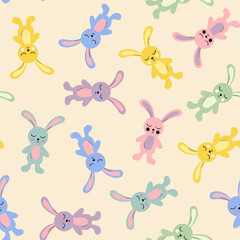 Cute easter bunny seamless repeat pattern. Random placed, vector rabbit animal all over print.