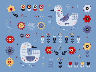 Set of Duck and Floral Ornament Scandinavian Folk Art Design. Colorful Birds and Flowers Vector illustration.