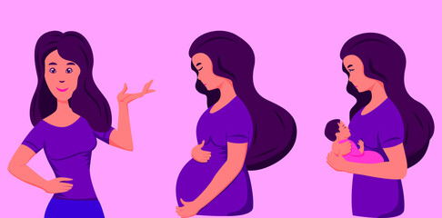Modern conceptual illustration. Pregnancy and maternity. A beautiful pregnant woman turns on her side. A young mother holds a newborn in her arms