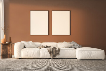 Boho style home interior, living room in brown warm color. Two mock up canvas hanging on wall. 3d rendering
