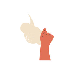 Voter with vote or Man's hand up holding white speech bubble with idea comment information opinion or message flat vector cartoon illustration. One person arm with poll card isolated on background