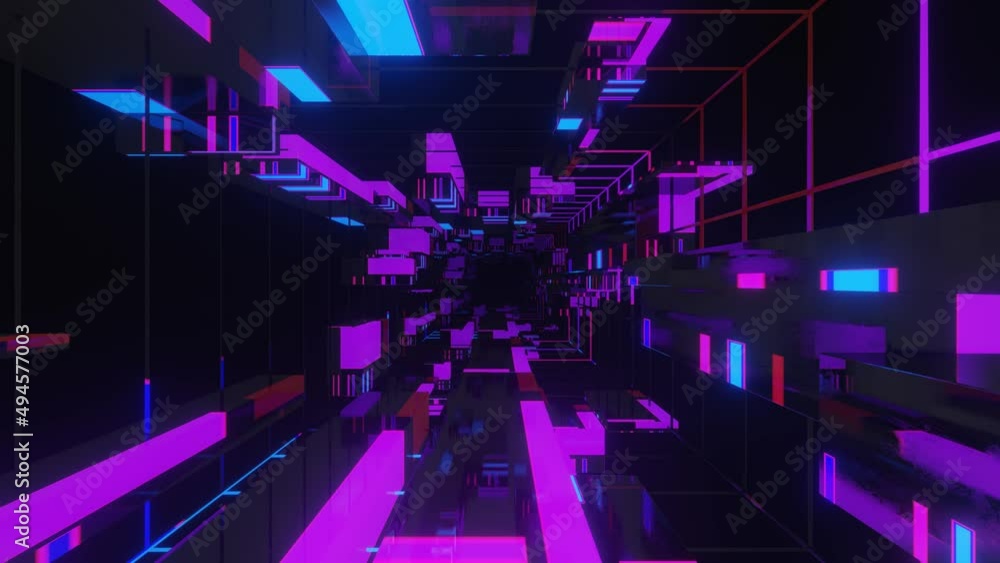 Poster fly through mirror designs form tunnel technology cyberspace with neon glow. sci-fi flight through d