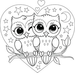 Cute owls sitting on a branch. Cartoon vector outline for coloring page