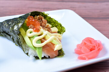 traditional japanese food, very colorful on white plate and sauce