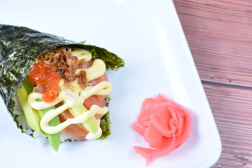 traditional japanese food, very colorful on white plate and sauce