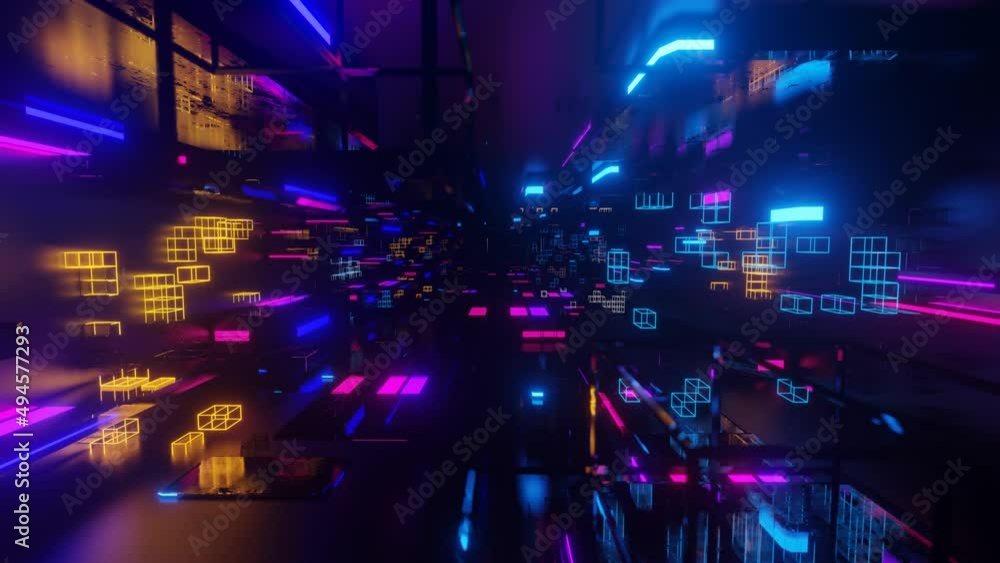 Poster abstract frames and boxes. fly through technology cyberspace with neon glow. sci-fi flight through h