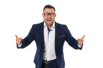 Cheerful business man shouting from success, isolated on white.
