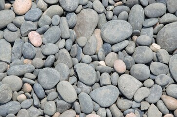 background of grey stones on the beach, large and small, pattern