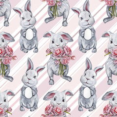 Watercolor Hand Drawn Seamless Pattern With White And Grey Bunnies And Flower Peonies 