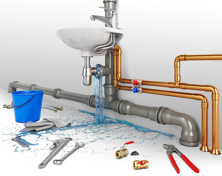 A leaking under the sink connected to pipes, water drops down, repair equipment around, isolated on white background, water flow concept, 3d illustration