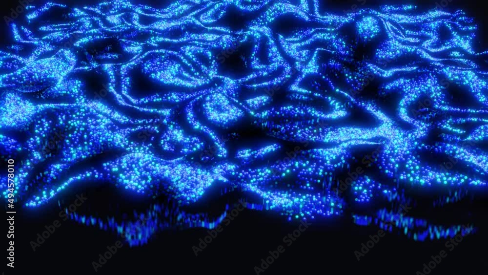 Poster 3d abstract blue sci-fi background. luminous particles form wavy surface, waves of light and color r