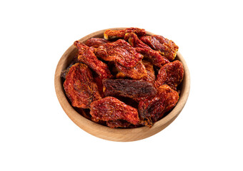 Bowl of dried tomatoes on white background, directly above