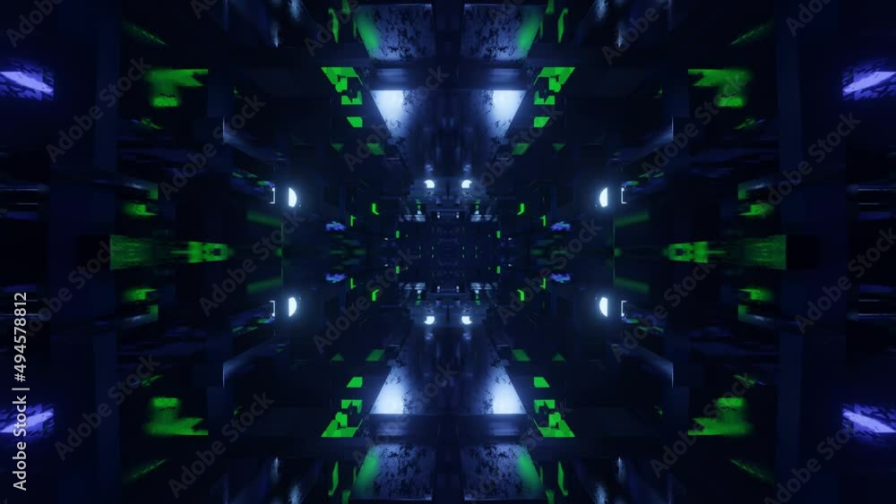 Aufkleber fly through symmetrical technology cyberspace with neon glow. sci-fi flight through hi-tech technolo