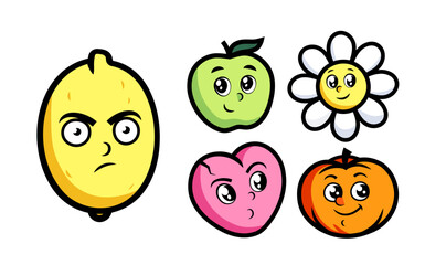 Set of cartoon characters with emotions. Fruit stickers with different facial expressions. isolated Vector illustrations