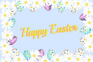 Happy easter concept: frame of daisies and easter eggs on blue background	