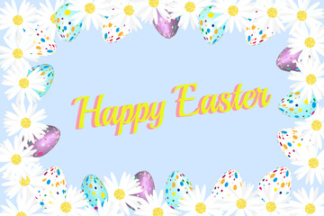 Happy easter concept: frame of daisies and easter eggs on blue background
