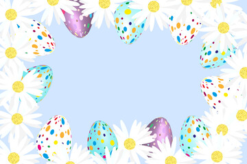 Obraz premium Frame of daisies and easter eggs on blue background with copy space special promotions and sales 