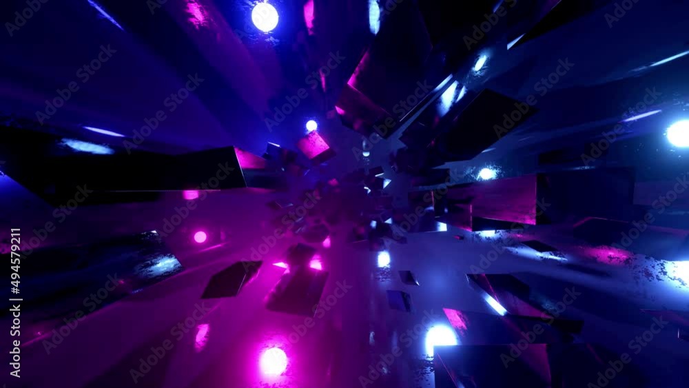 Poster flight through hi-tech technology tunnel with camera shake. neon light and mist, sci-fi construction
