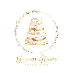 Wedding cake with flowers in gold round frame. Bakery logo design
