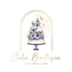 Wedding cake with blue flowers and butterflies. Unique logo for a boutique confectionery or bakery