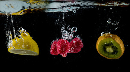 Fototapeta na wymiar Fresh fruit splashing in water in black background
