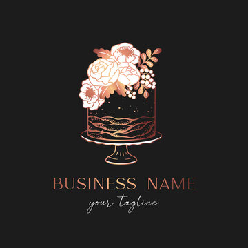 Cake logo design, bakery logo, wedding cake with white flowers and berries