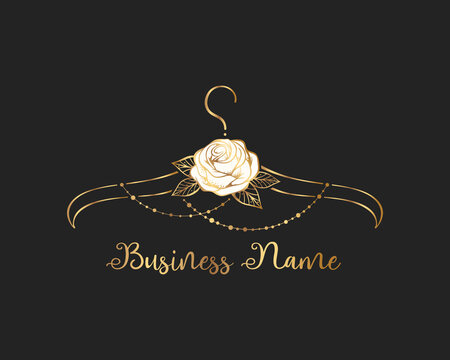 Hanger logo design with white rose . Element for Atelier, wedding boutique, women's clothing store and fashion designer