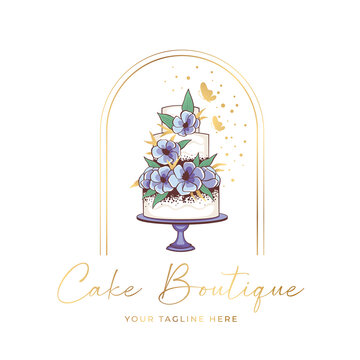 Wedding cake with blue flowers and butterflies. Unique logo for a boutique confectionery or bakery