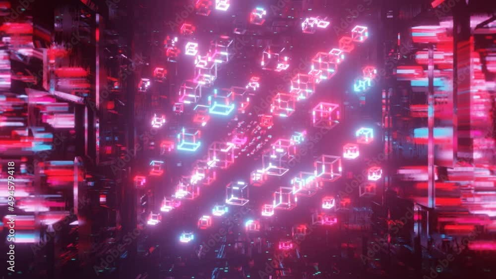 Poster 3d object or structure rotates and moves inside glass mirror tunnel with neon light, bright reflecti