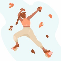 Woman on the climbing wall. Girl climbing on artificial rock wall. Vector illustration on white background.