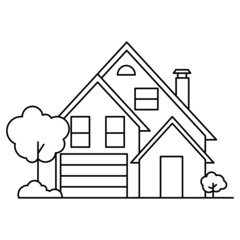 Thin line icon suburban modern house. Symbol for a mobile application or website.Vector illustration in lineart style.Isolated on white background.