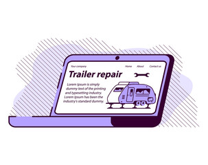 Service for trailer repair.RV maintenance. Workshop selection on the laptop website.Website banner concept. Line art vector illustration.
