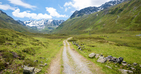 Fototapeta premium hiking trail to Dürrboden, view to scaletta glacier, breathtaking Dischma valley, grisons switzerland