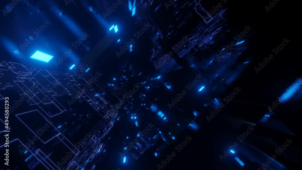 Poster glow line form pattern like sci-fi hologram. fly through technology cyberspace with blue neon glow. 