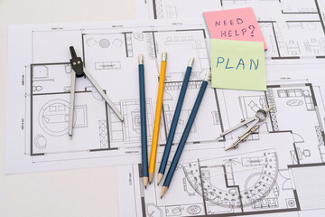 Naklejka na ściany i meble work tools with memo heen help on house plan blueprint